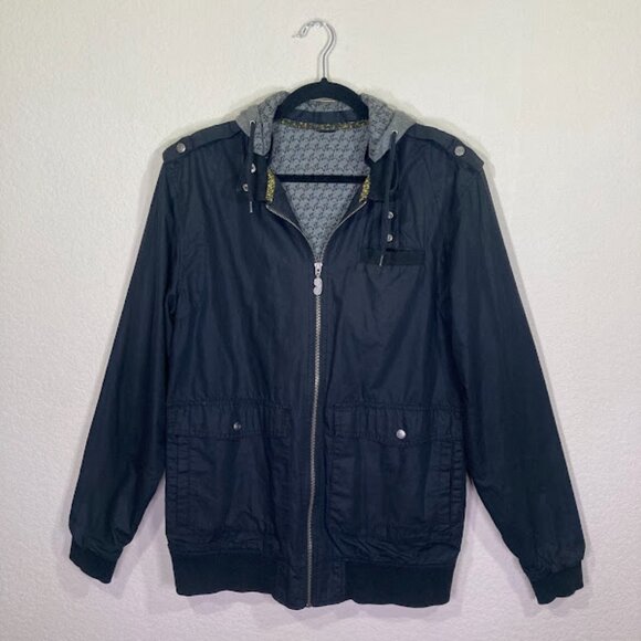 VON ZIPPER Black Removable Hood Bomber Utility Moto Streetwear Zip Up Jacket L - Picture 2 of 14